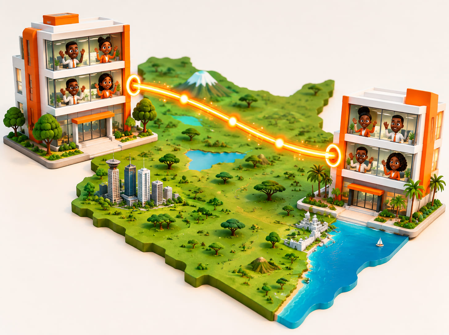 Cartoon map of Kenya with two office buildings linked by a glowing orange fibre line