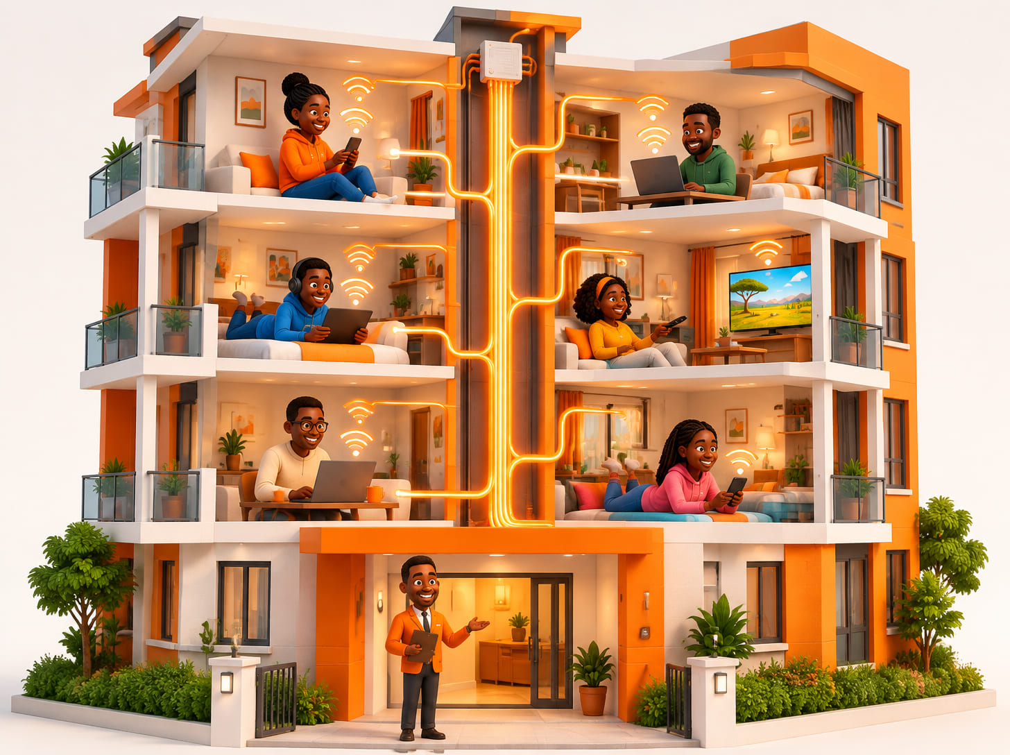 Cartoon apartment block with fibre running to every floor and happy tenants online
