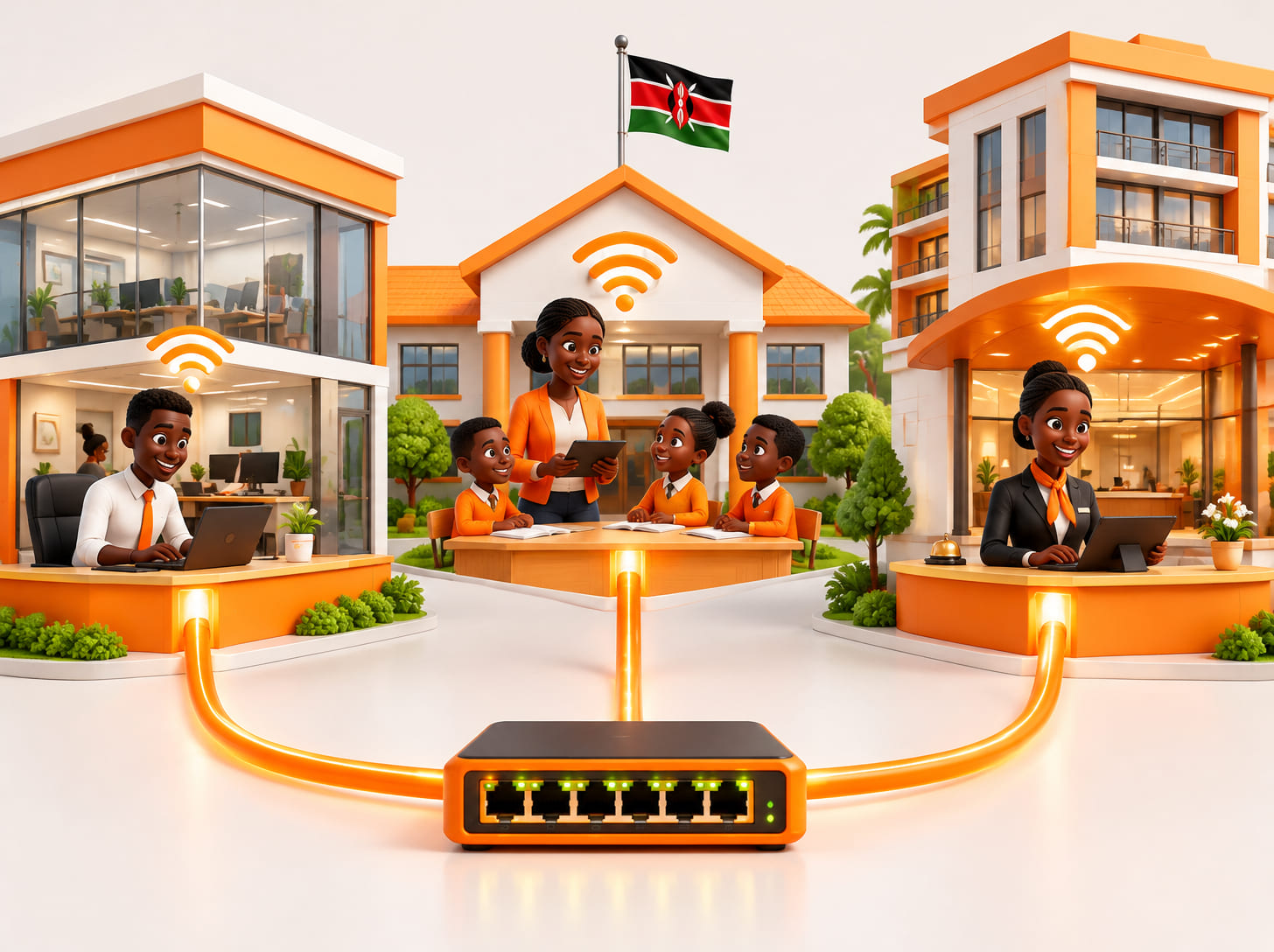 Cartoon office, school and hotel connected to one network switch with orange fibre