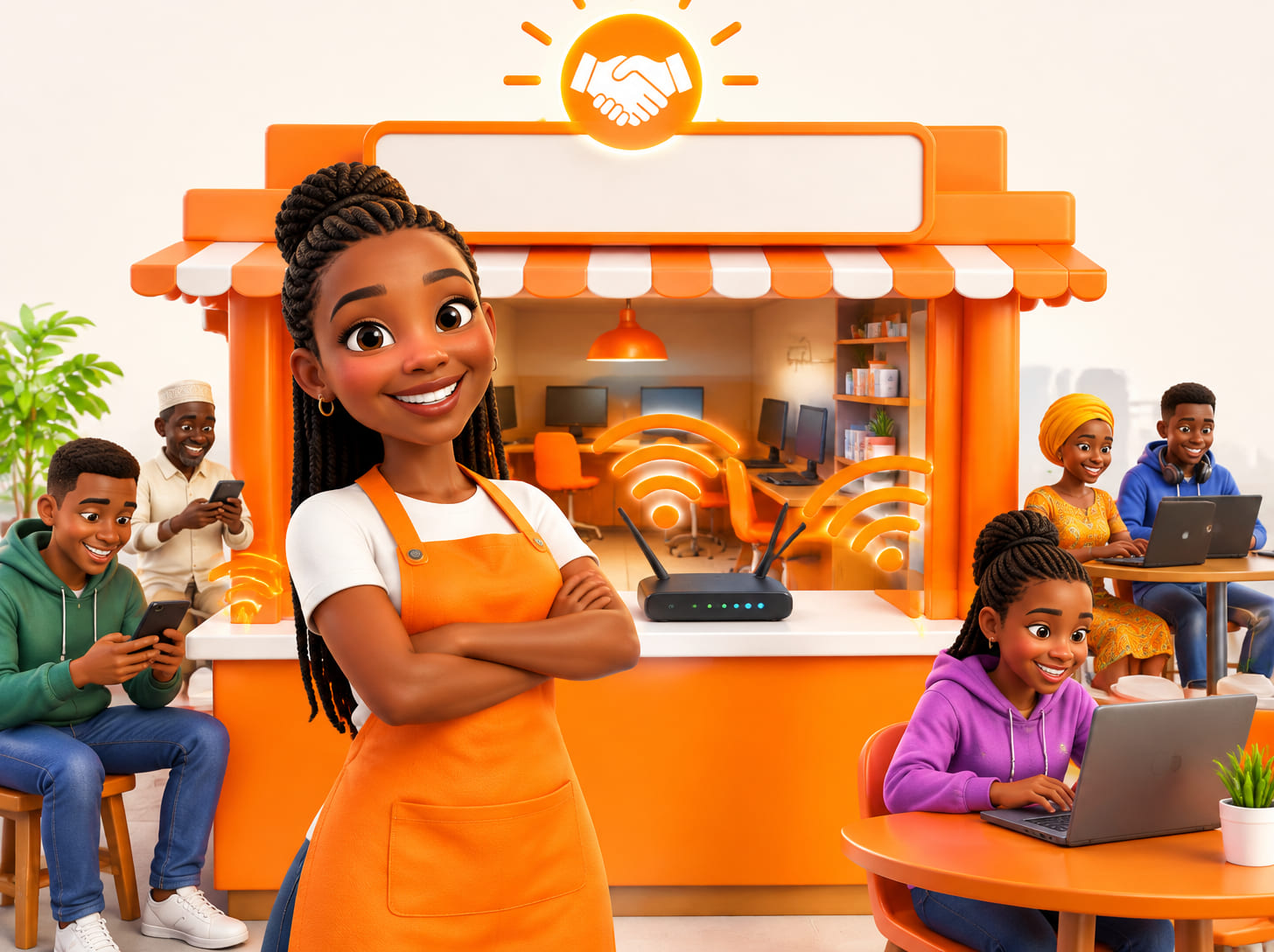 Cartoon Kenyan entrepreneur in front of her own small internet shop with happy customers