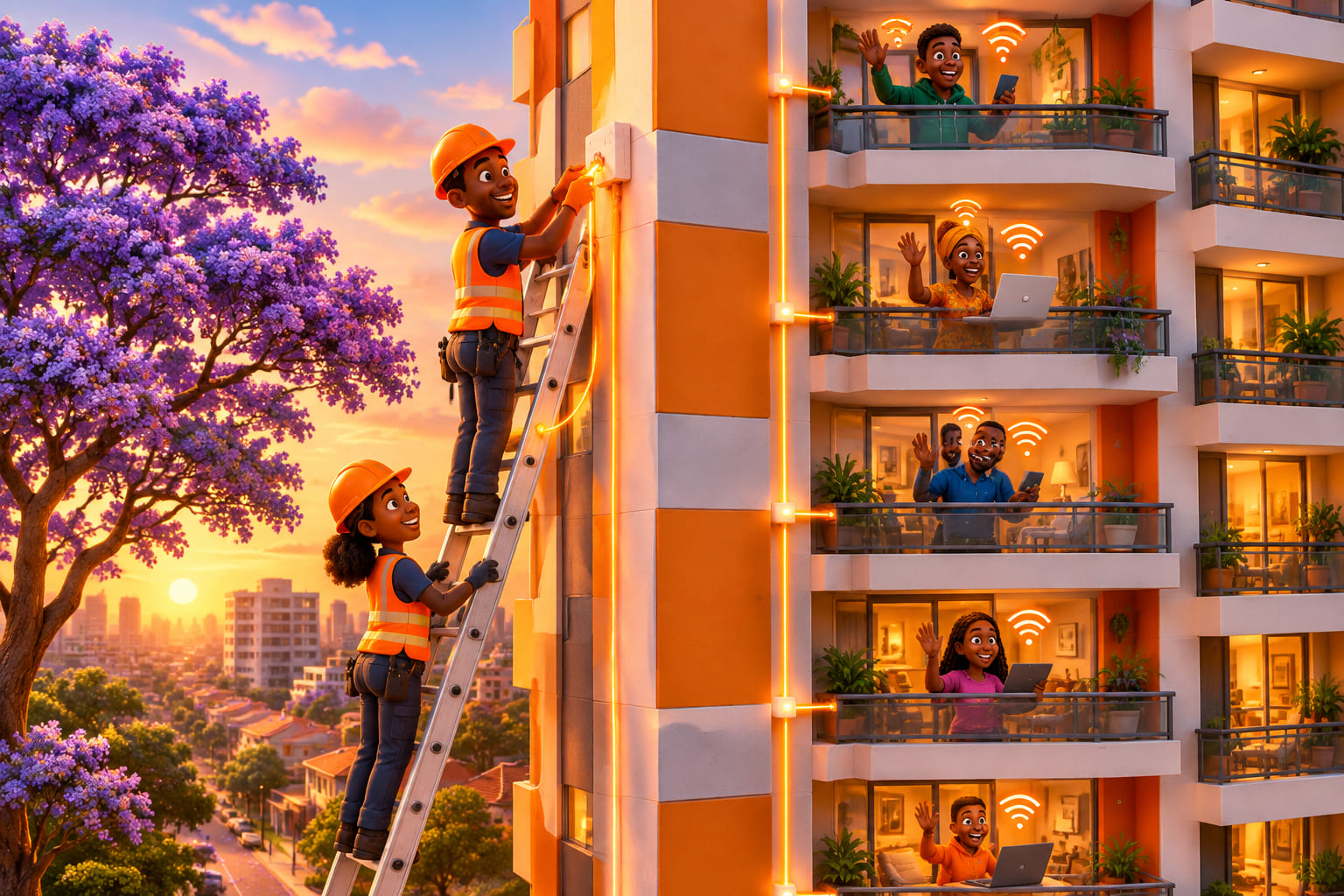 Cartoon technicians running fibre to an apartment block while residents wave from balconies