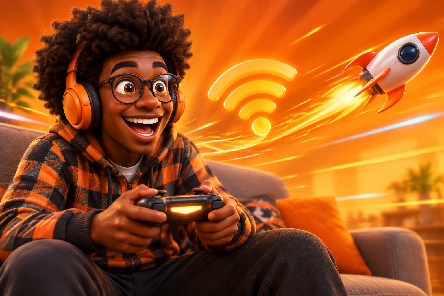 Cartoon Kenyan gamer with headphones and a controller enjoying fast fibre internet