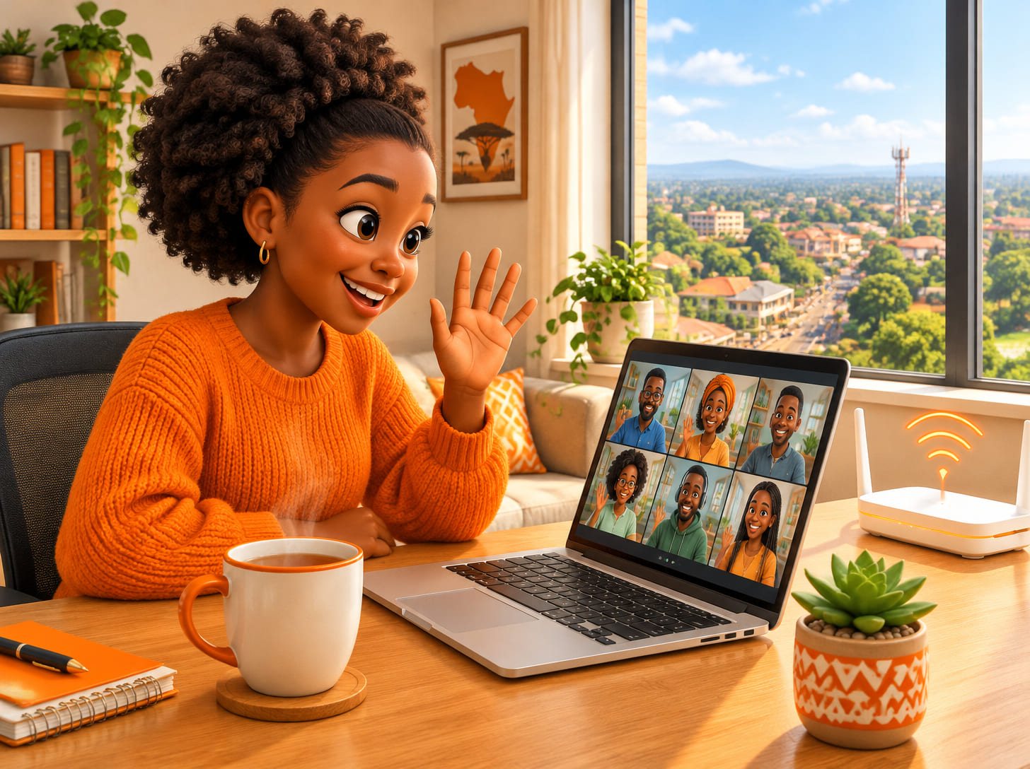 Cartoon Kenyan woman on a video call while working from home on Express Data fibre internet